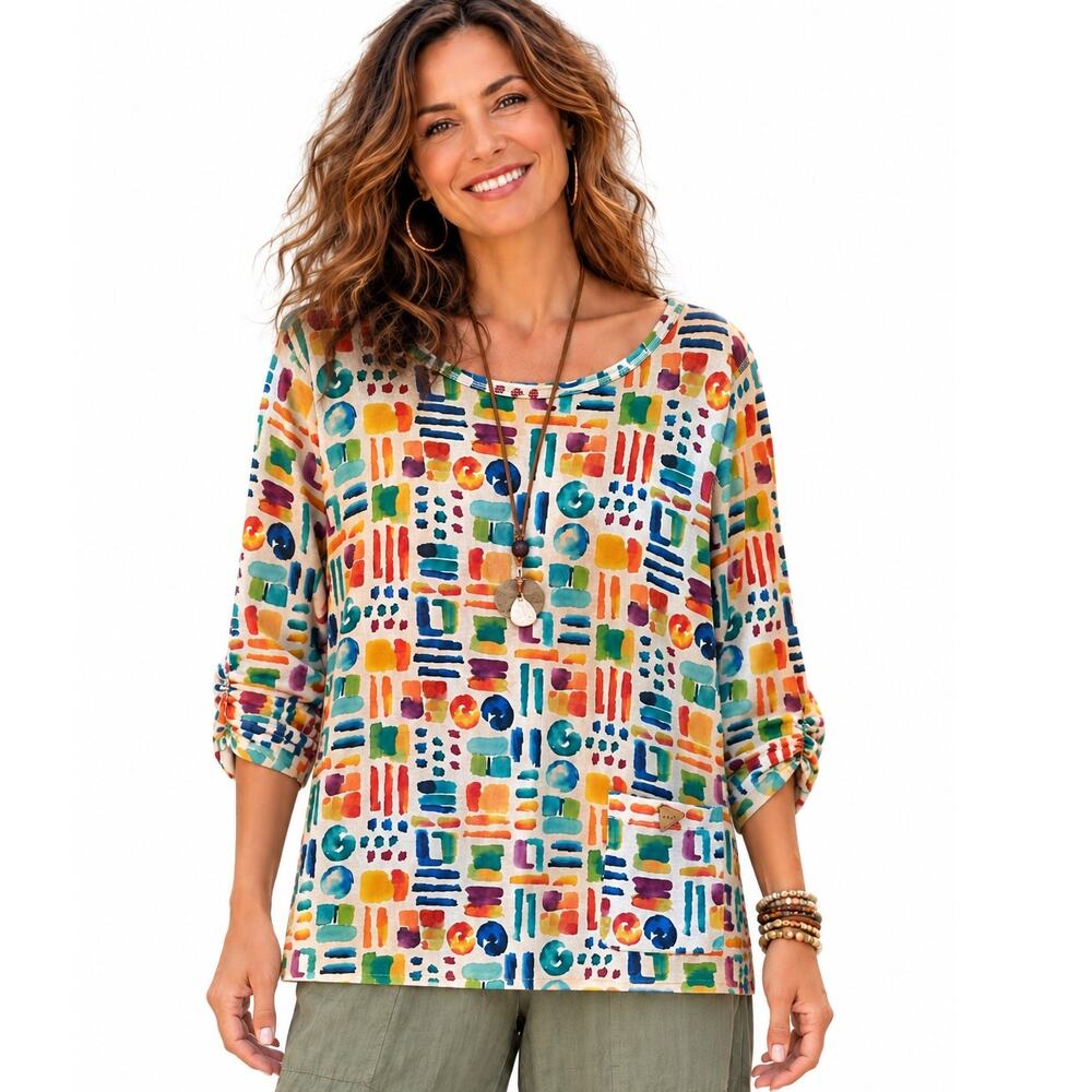 Ali Miles Abstract Brushstroke Top Womens Large White Multicolor Artsy Lagenlook